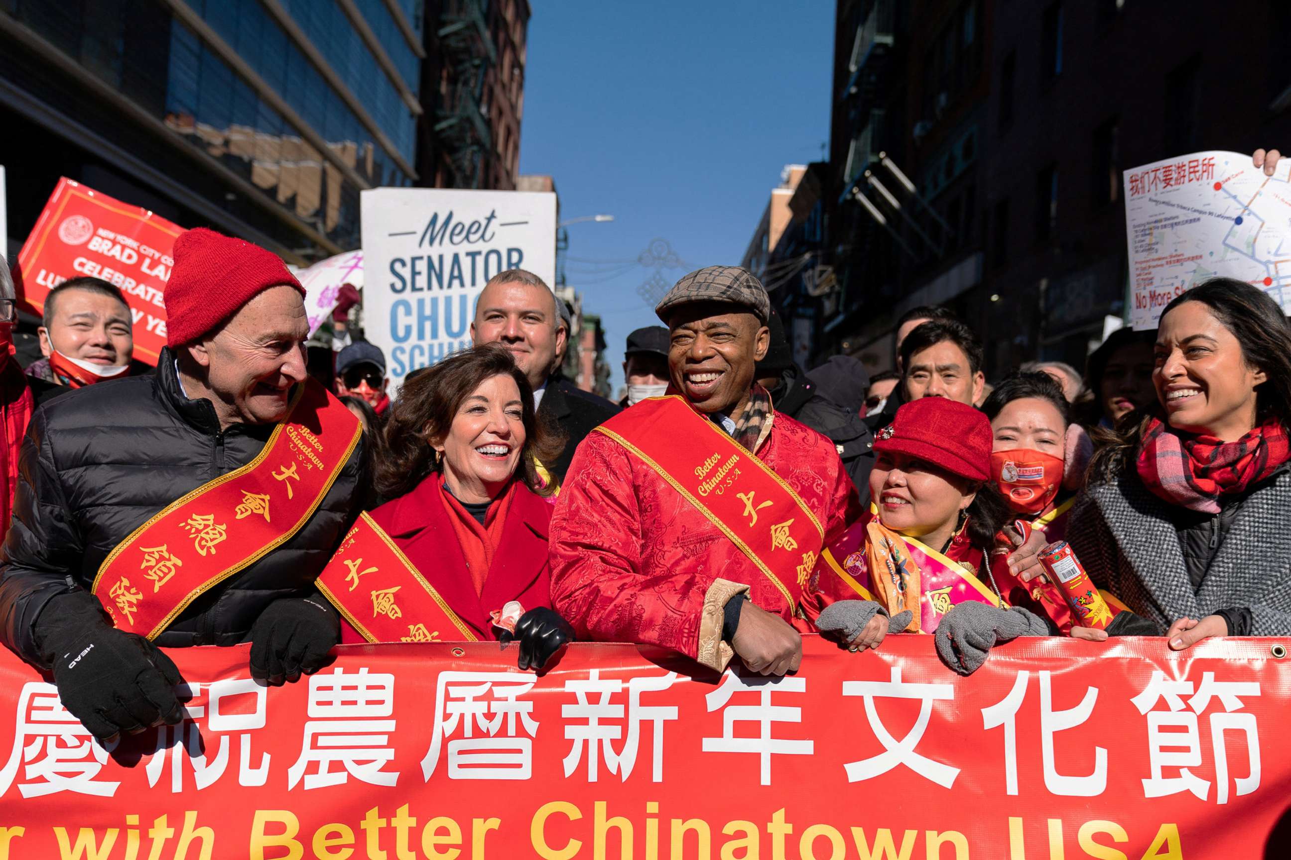 PHOTO: U.S. Senate Majority Leader Chuck Schumer, Governor of New York Kathy Hochul, and New York City Mayor Eric Adams attend the Lunar New Year Parade in Chinatown in New York, Feb. 20, 2022. 