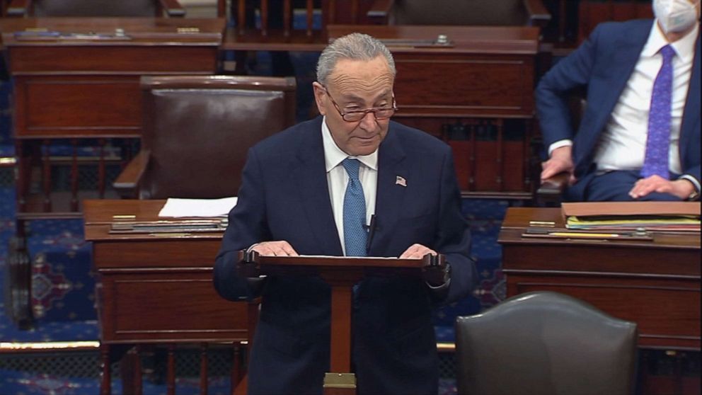 PHOTO: Senate Majority Leader Sen. Chuck Schumer speaks about voting rights legislation on the floor of the U.S. Senate in Washington, D.C., Jan. 19, 2022.