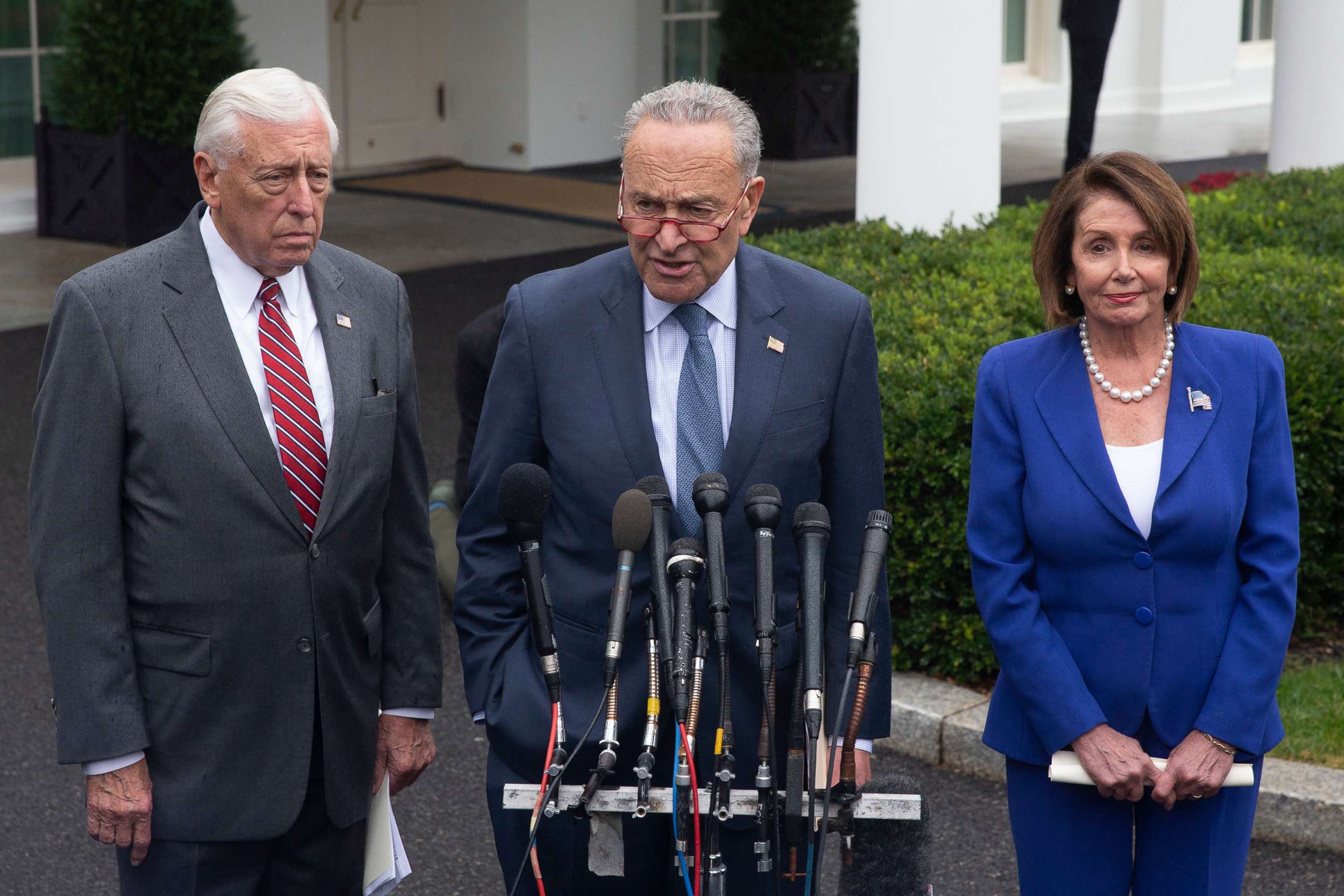 PHOTO: Speaker of the House Nancy Pelosi (R), Senate Minority Leader Chuck Schumer (C), and House Majority Leader Steny Hoyer (L) deliver remarks to members of the news media outside the West Wing of the White House, Oct. 16, 2019.