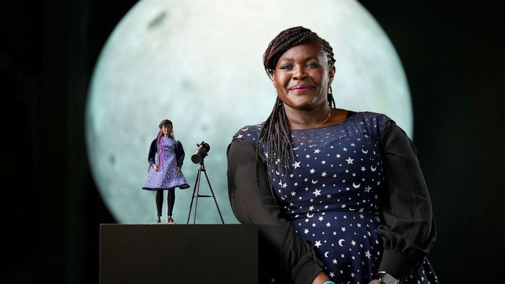 PHOTO: Dr. Maggie Aderin-Pocock pictured with a Barbie doll created in her likeness. Barbie honors Space Scientist Dr. Maggie Aderin-Pocock with her own doll at Winchester Science Centre & Planetarium in Winchester, U.K., Feb. 6, 2023.