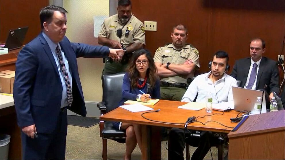 PHOTO: Prosecutor Scott Brown points to defendant Cristhian Bahena Rivera during closing arguments in Rivera's murder trial of University of Iowa student Mollie Tibbetts, May 27, 2021, in Davenport, Iowa.