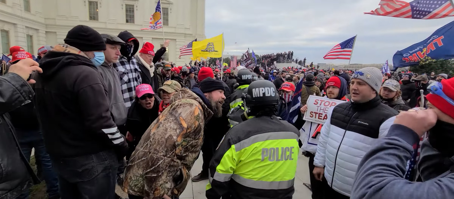 PHOTO: Scott Fairlamb of Sussex County, N.J., wearing a camouflage jacket, was caught on video shoving and hitting police outside of the U.S. Capitol in Washington on Jan. 6, 2021.
