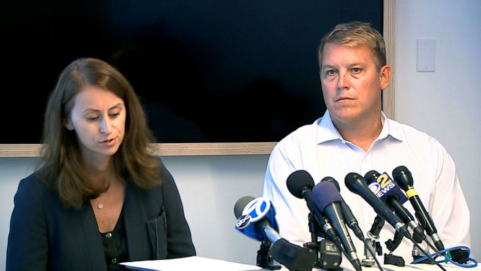PHOTO: Scott Hapgood, a banker at UBS in New York City, holds a press conference with his attorney, Juliya Arbisman, to address the manslaughter charge against him in Anguilla.