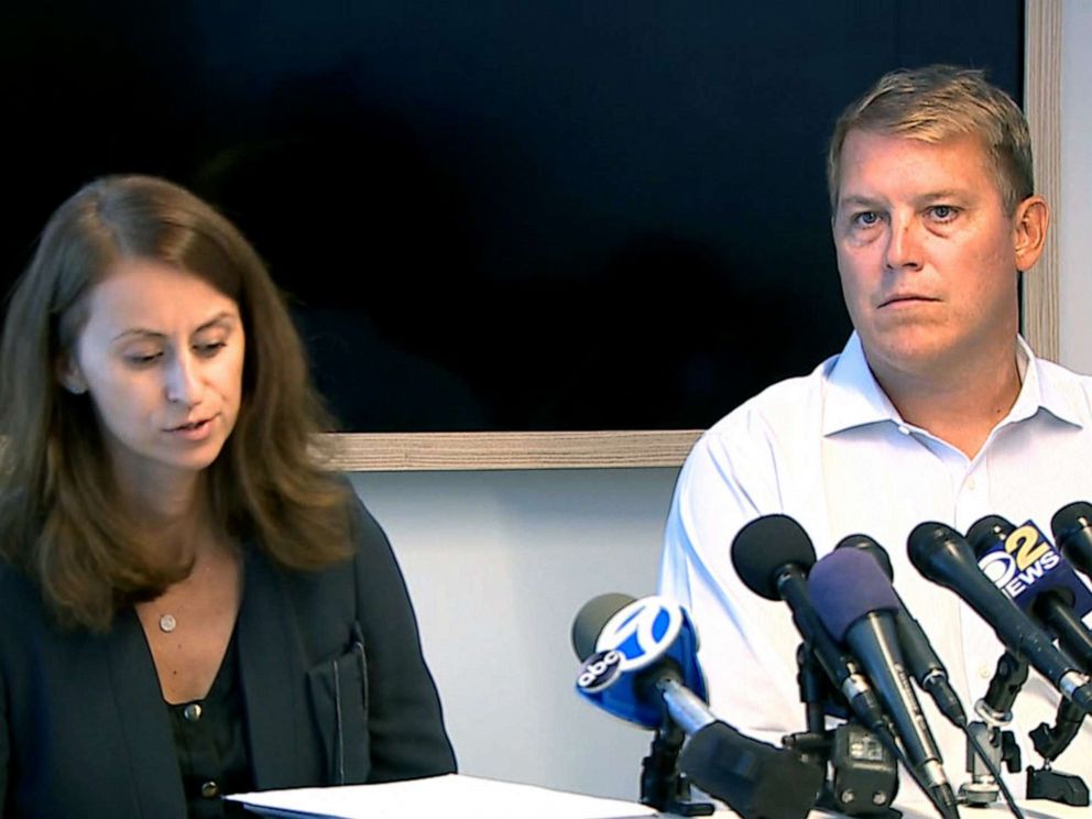 PHOTO: Scott Hapgood, a banker at UBS in New York City, holds a press conference with his attorney, Juliya Arbisman, to address the manslaughter charge against him in Anguilla.