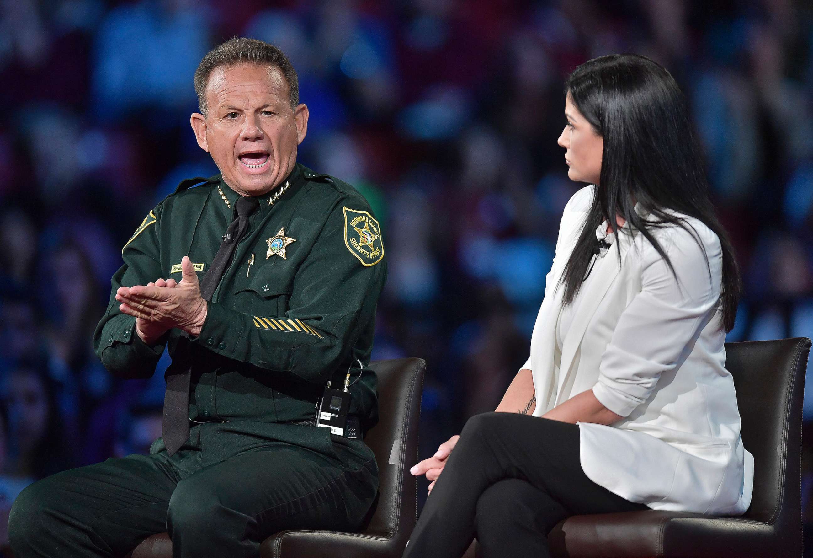 PHOTO: Broward Sheriff Scott Israel makes a point to NRA Spokesperson Dana Loesch during a CNN town hall meeting, Feb. 21, 2018, at the BB&T Center in Sunrise, Fla.