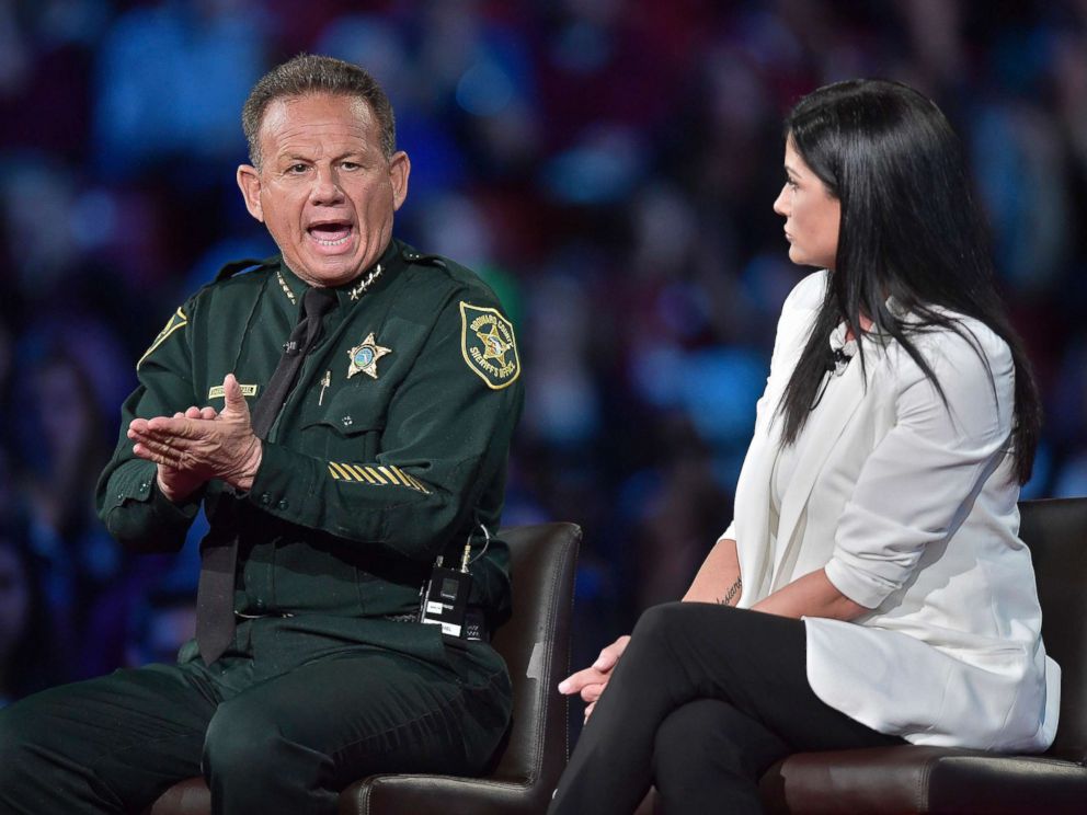 PHOTO: Broward Sheriff Scott Israel makes a point to NRA Spokesperson Dana Loesch during a CNN town hall meeting, Feb. 21, 2018, at the BB&T Center in Sunrise, Fla.