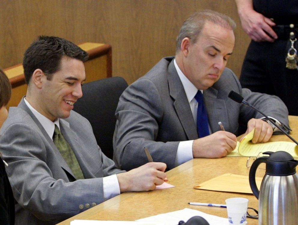 PHOTO: Scott Peterson sits in the courtroom at the San Mateo Superior Courthouse with his attorney Pat Harris during defense closing arguments in the penalty phase of Peterson's trial in Redwood City, Calif., Dec. 9, 2004.