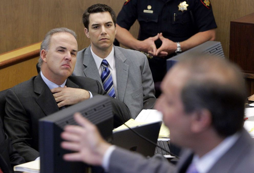 PHOTO: Scott Peterson and attorney Pat Harris listen to attorney Mark Geragos during defense closing arguments in Redwood, Calif., Nov. 2, 2004.