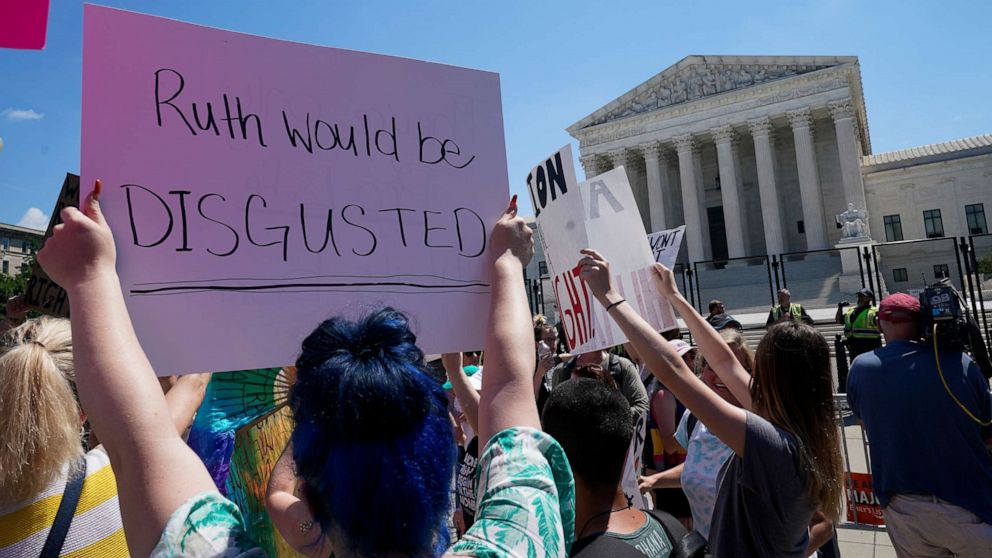 PHOTO: People protest about abortion outside the Supreme Court in Washington, June 25, 2022.