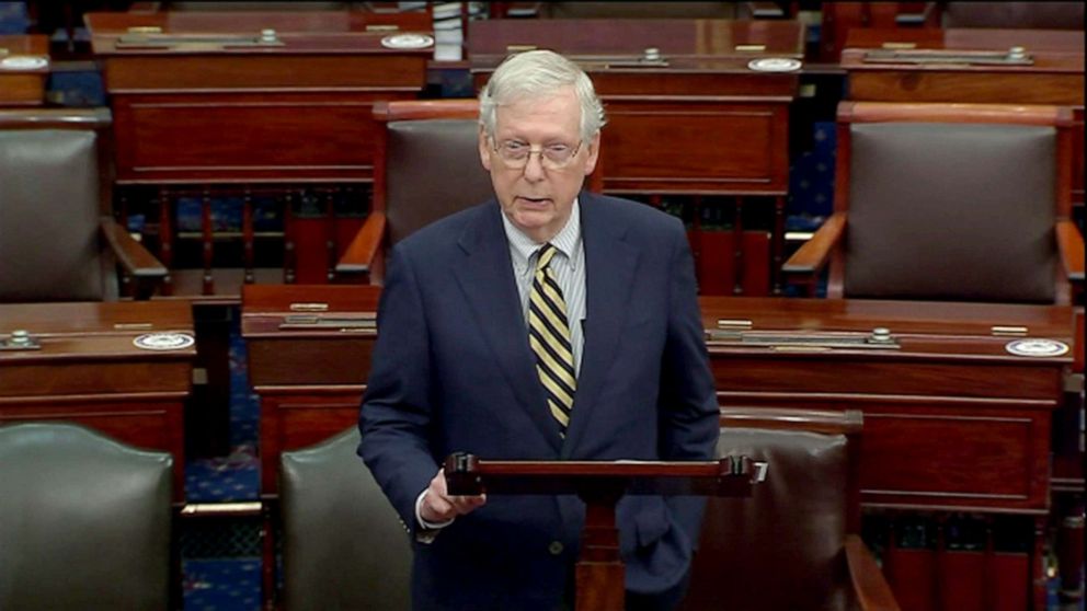 PHOTO: Republican Senator Mitch McConnell  speaks on the floor of the Senate in Washington, Sept. 21, 2020.
