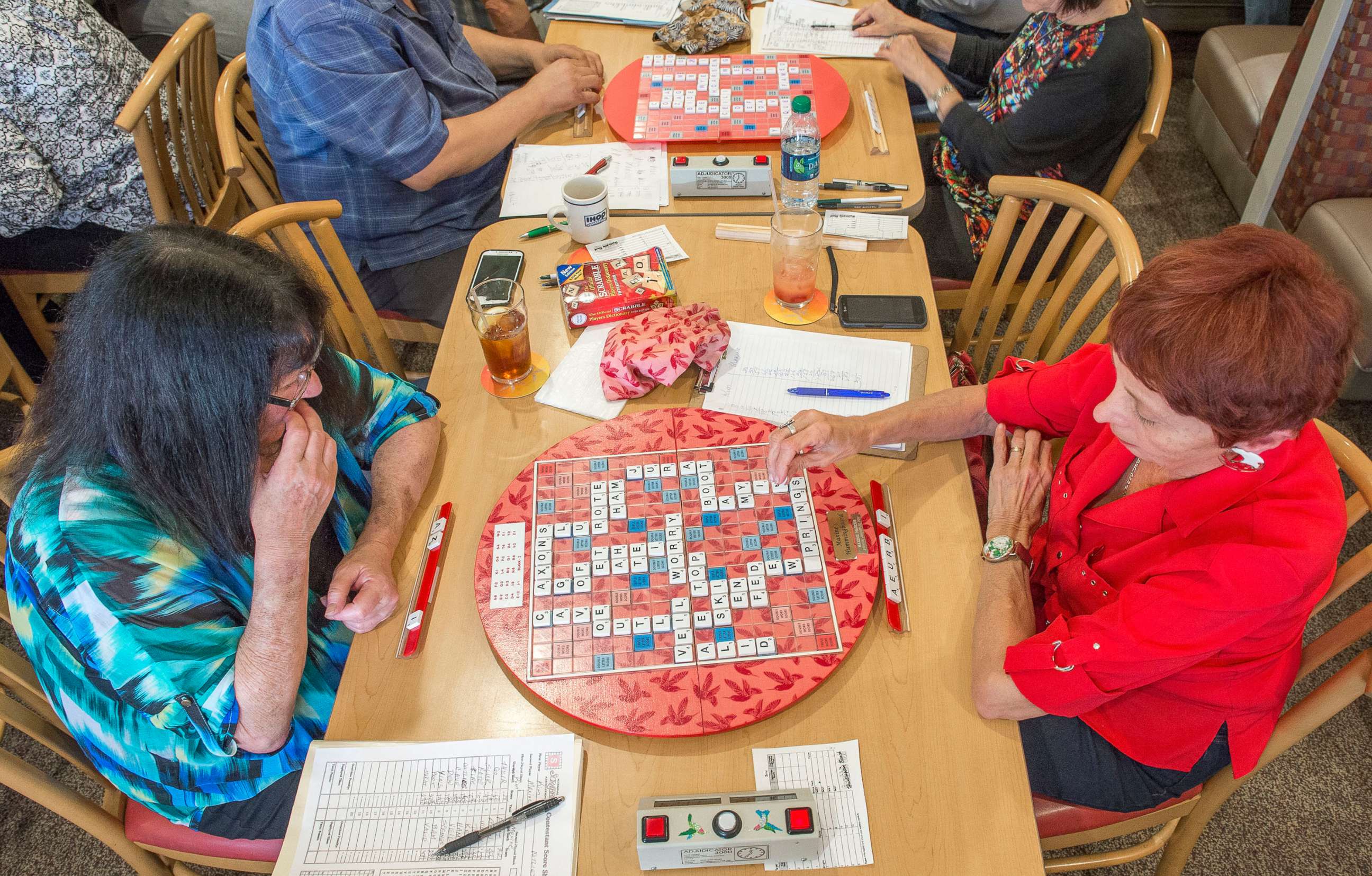 PHOTO: In this Feb. 16, 2016, file photo, people play scrabble with fellow members of Scrabble Club #34 in Huntington Beach, Calif. Club #34 is a member of  the North American Scrabble Players Association (NASPA).
