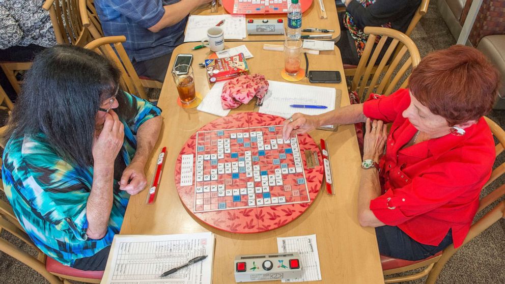 PHOTO: In this Feb. 16, 2016, file photo, people play scrabble with fellow members of Scrabble Club #34 in Huntington Beach, Calif. Club #34 is a member of  the North American Scrabble Players Association (NASPA).
