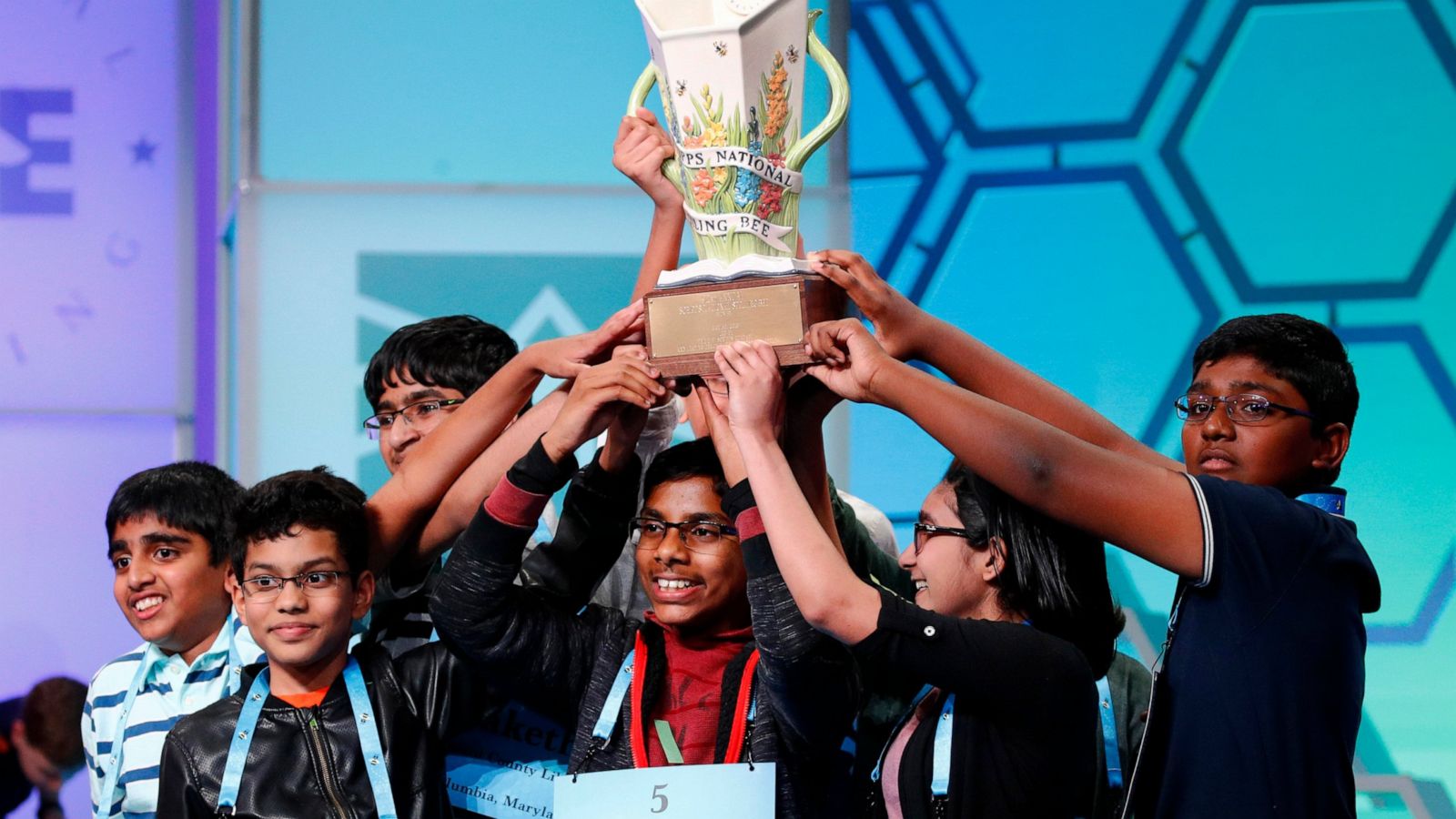 PHOTO: The eight co-champions celebrate after winning the Scripps National Spelling Bee, Friday, May 31, 2019, in Oxon Hill, Md. The spelling bee ended in unprecedented 8-way championship tie after organizers ran out of challenging words.