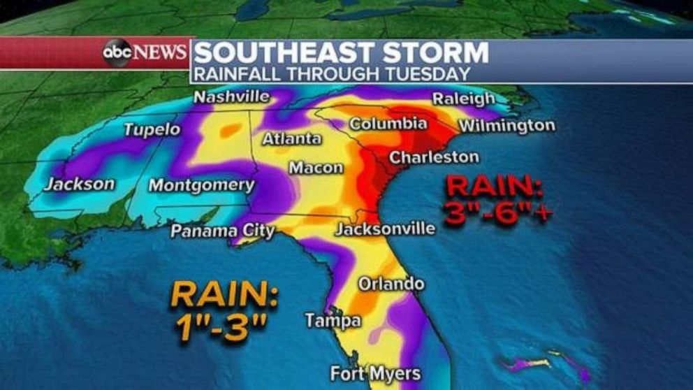 PHOTO: Rainfall totals could be as much as 3 to 6 inches in parts of South Carolina and North Carolina through Tuesday.