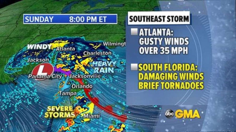 PHOTO: There will be gusty winds and heavy rain across the Southeast on Sunday night.