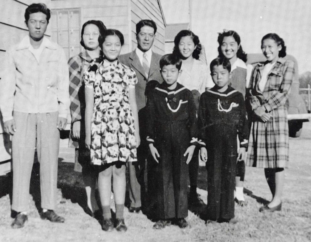PHOTO: Shibayama family at Seabrook Farms, New Jersey. Back row (L to R): Art, Tatsue, Yuzo, Susan, Fusako, friend. Front row (L to R): Rose, Ken, Tak.