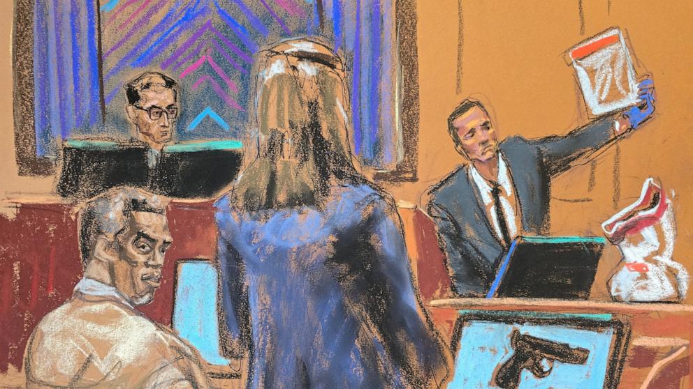 PHOTO: Homeland Security Investigations Special Agent Gerard Gannon holds up bullets in an evidence bag during questioning by Assistant Attorney Mitzi Steiner at Sean "Diddy" Combs' sex trafficking trial in New York City, May 21, 2025.