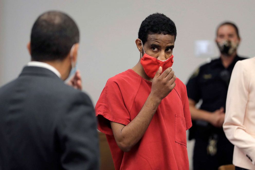 PHOTO: Dawit Kelete, looks toward his attorney, Francisco Duarte, left, as he appears in King County Superior Court, July 22, 2020, in Seattle for his arraignment on felony charges of vehicular homicide, vehicular assault and reckless driving.