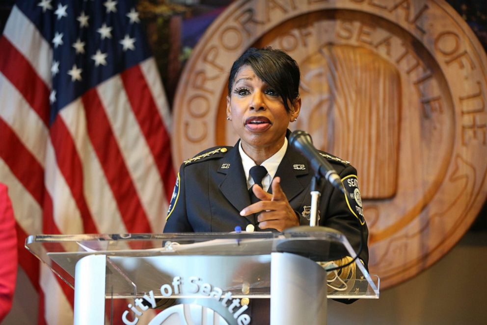 PHOTO:  Seattle Police Chief Carmen Best announces her resignation at a press conference at Seattle City Hall, Aug 11, 2020.