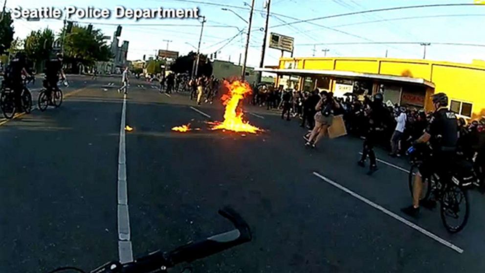 PHOTO: Police said they arrested 22 people during the initial confrontation with protesters and confiscated some unexploded Molotov cocktails, Sept. 7, 2020, in Seattle.