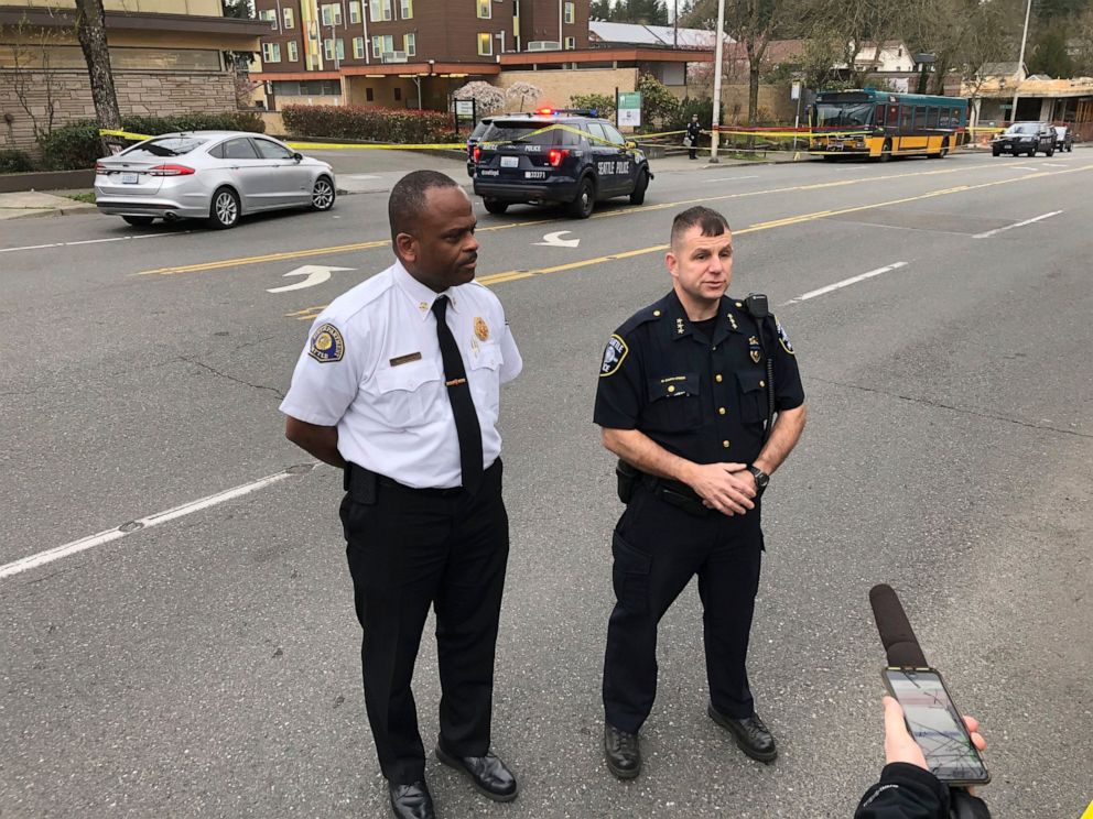 PHOTO: Seattle Fire Chief Harold Scoggins, left, and Deputy Police Chief Marc Garth Green give a media briefing following a shooting in Seattle on Wednesday, March 27, 2019.