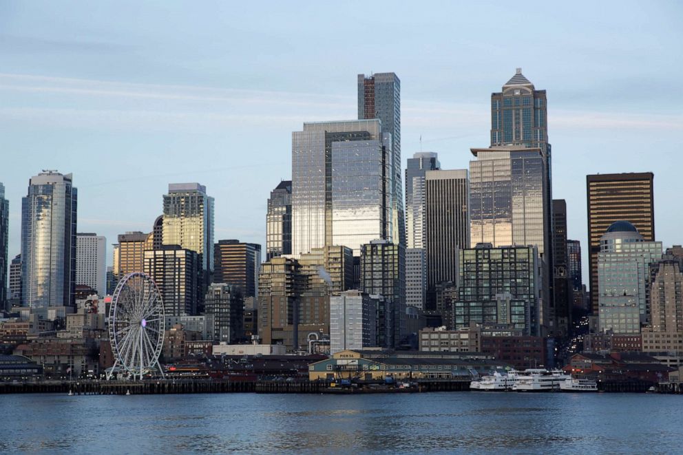 PHOTO: The Seattle skyline is pictured from a Washington State Ferry, March 4, 2020.