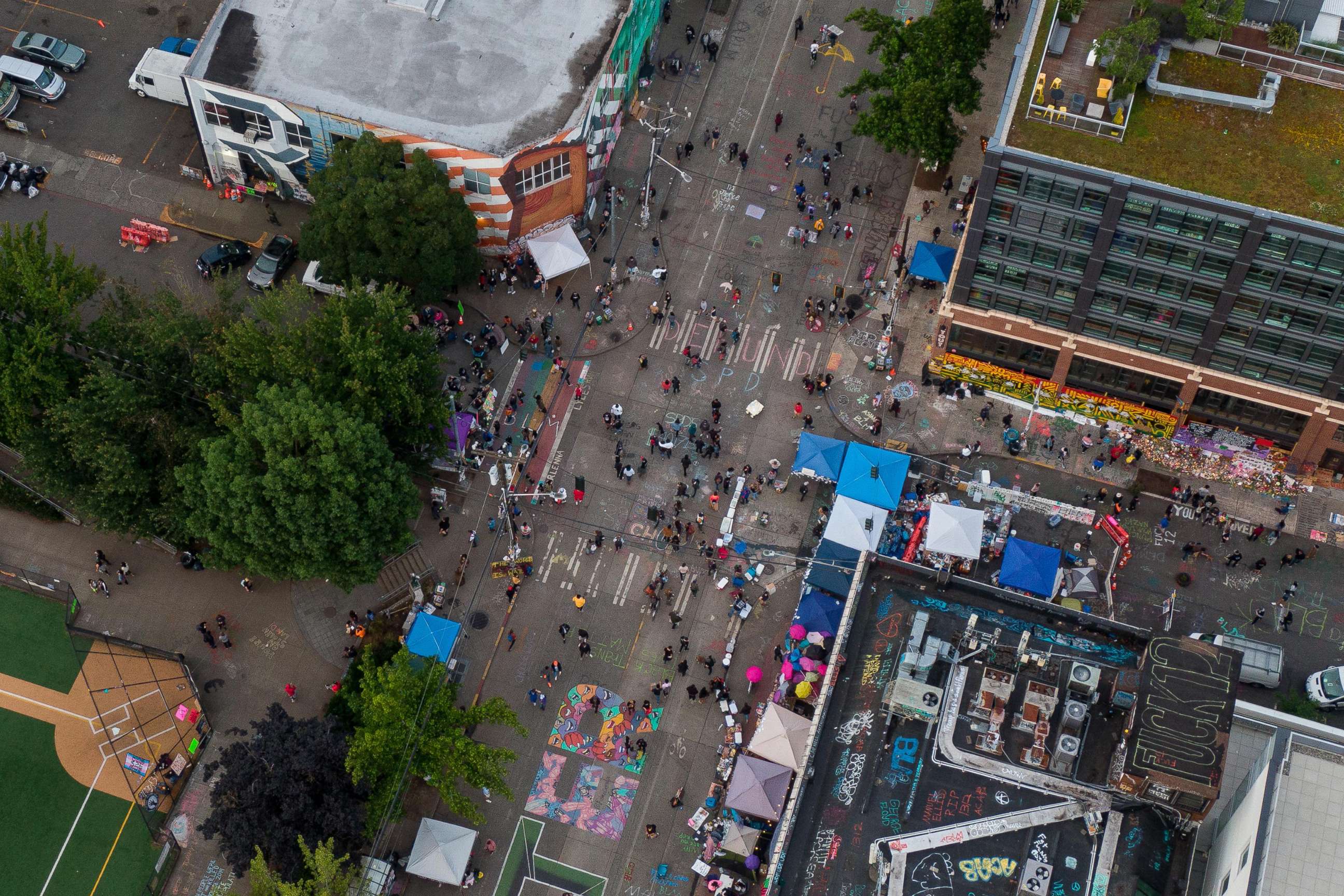 PHOTO: An aerial view of the intersection of East Pine Street and 11th Avenue is seen during ongoing Black Lives Matter events, June 14, 2020 in Seattle.