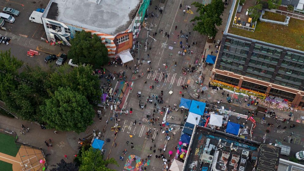 PHOTO: An aerial view of the intersection of East Pine Street and 11th Avenue is seen during ongoing Black Lives Matter events, June 14, 2020 in Seattle.
