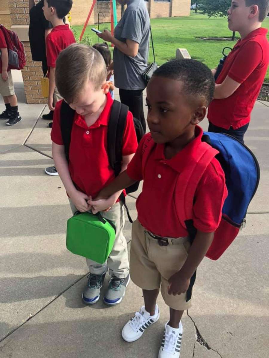 PHOTO: Christian Moore, 8, befriended Connor Crites, 8, on the first day of second grade at Minneha Elementary in Wichita, Kansas. Connor, who has autism, said the gesture made him happy.
