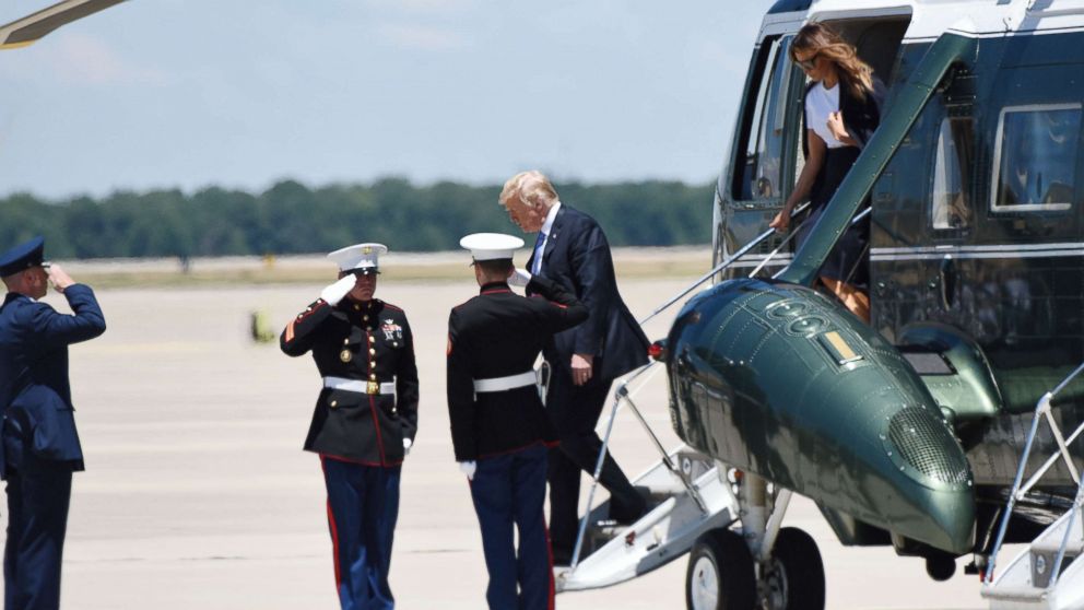 PHOTO: President Donald Trump and First Lady Melania Trump arrive to pay their respects to fallen Secret Service Special Agent Nole Edward Remagen who died after suffering a stroke while on duty in Scotland, on July 18, 2018 at Joint Base Andrews, Md.