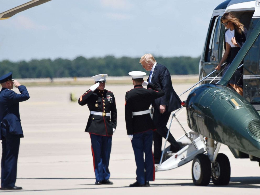 PHOTO: President Donald Trump and First Lady Melania Trump arrive to pay their respects to fallen Secret Service Special Agent Nole Edward Remagen who died after suffering a stroke while on duty in Scotland, on July 18, 2018 at Joint Base Andrews, Md.