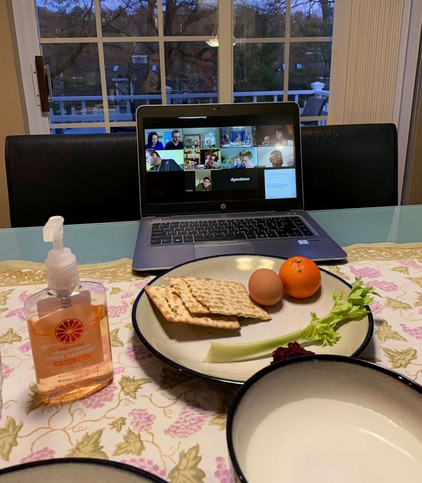 PHOTO: A couple uses Zoom to join a virtual Passover Seder in Ossining, New York.