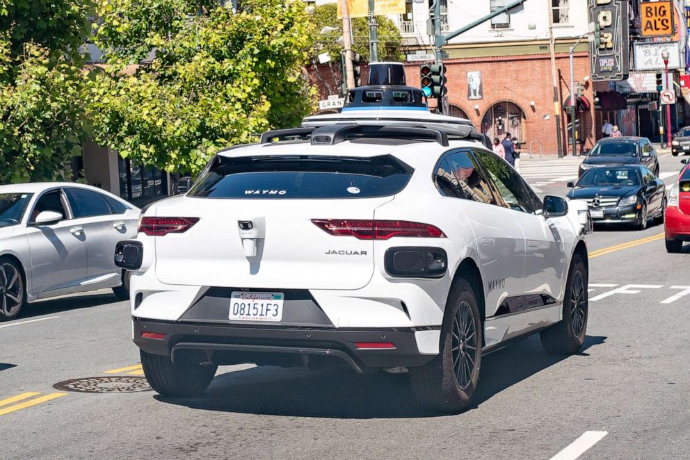 PHOTO: The self-driving car I-Pace, by Waymo and Jaguar drives in traffic in San Francisco, June 14, 2021. 