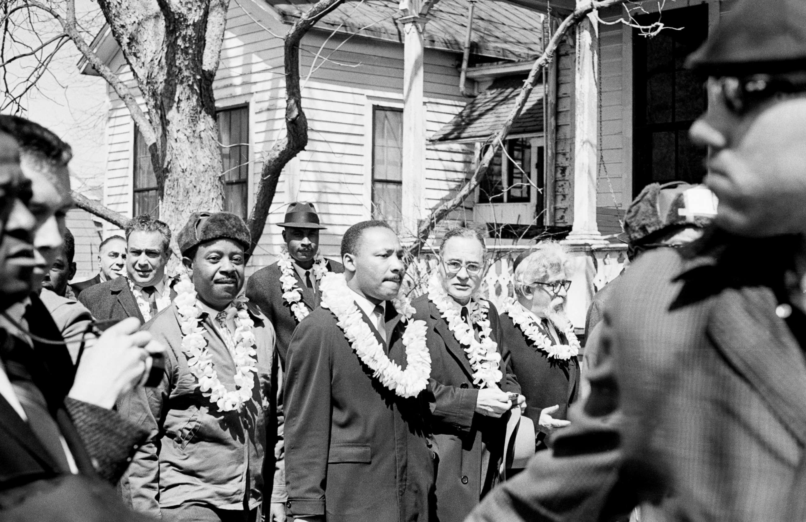 PHOTO: Civil rights leaders Ralph Abernathy, Martin Luther King Jr., former UN Ambassador Ralph Bunche, and Rabbi Abraham Joshua Heschel, March 21, 1965, during the start of a march from Selma to Montgomery, Alabama. 