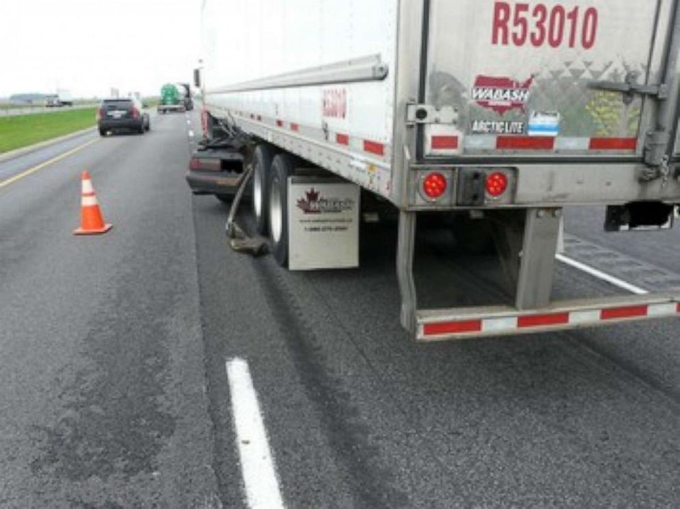 PHOTO: The driver of the semi-truck did not immediately realize the crash occurred and traveled for another half-mile with the Mustang wedged underneath the trailer. May 12, 2019.