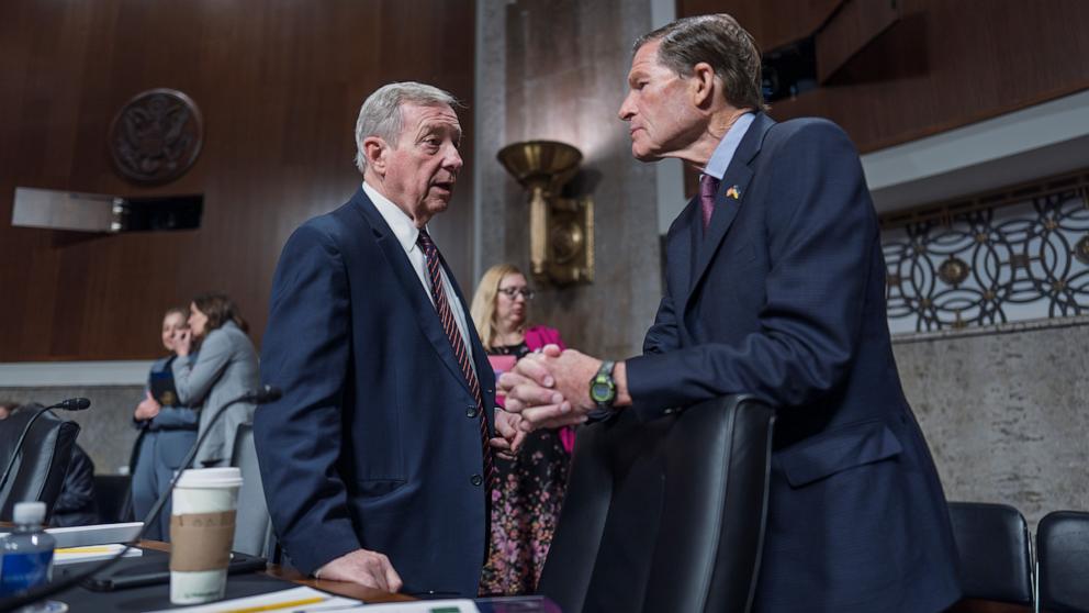 PHOTO: Senate Judiciary Committee Chairman Dick Durbin confers with Sen. Richard Blumenthal as the panel convenes to confirm President Joe Biden's nominees in the closing weeks of the 118th Congress in Washington, Nov. 14, 2024. 