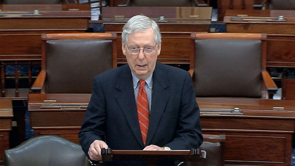 PHOTO: Senate Majority Leader Mitch McConnell speaks on the Senate floor at the Capitol, in Washington, Saturday, March 21, 2020. 