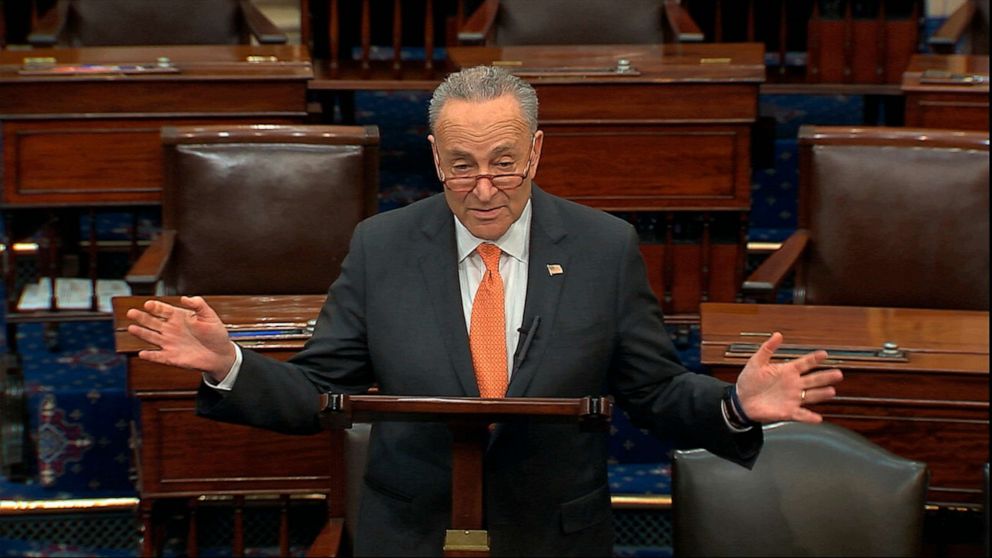 PHOTO: Senate Minority Leader Chuck Schumer speaks on the Senate floor at the Capitol, in Washington, March 21, 2020.