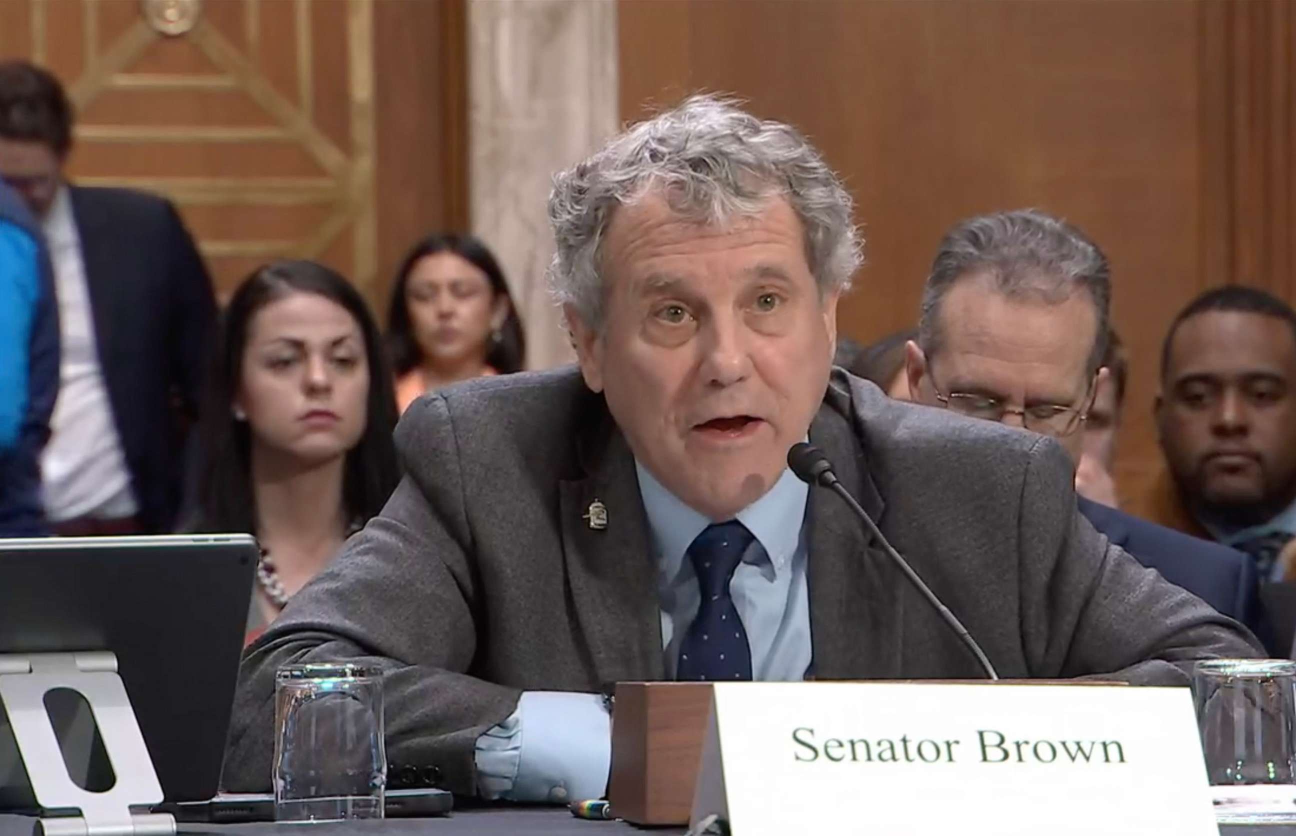 PHOTO: Ohio Senator Sherrod Brown testifies before a US Senate Committee on Environment and Public Works hearing on the environmental and public health threats from the Norfolk Southern February 3 train derailment, on March 9, 2023, in Washington, DC.