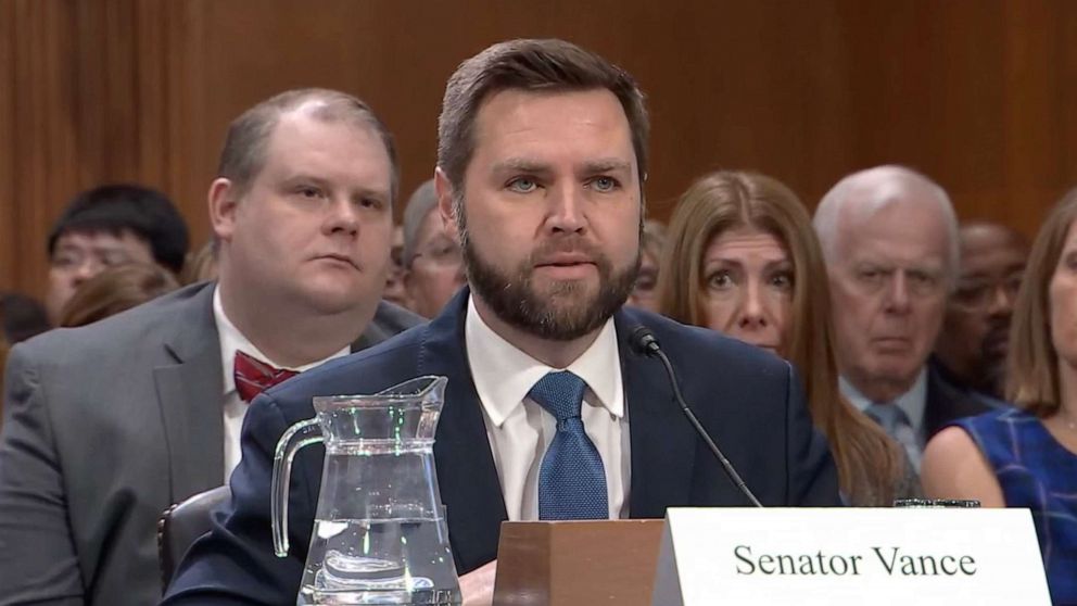 PHOTO: Ohio Senator J.D. Vance testifies before a US Senate Committee on Environment and Public Works hearing on the environmental and public health threats from the Norfolk Southern February 3 train derailment, on March 9, 2023, in Washington, DC.
