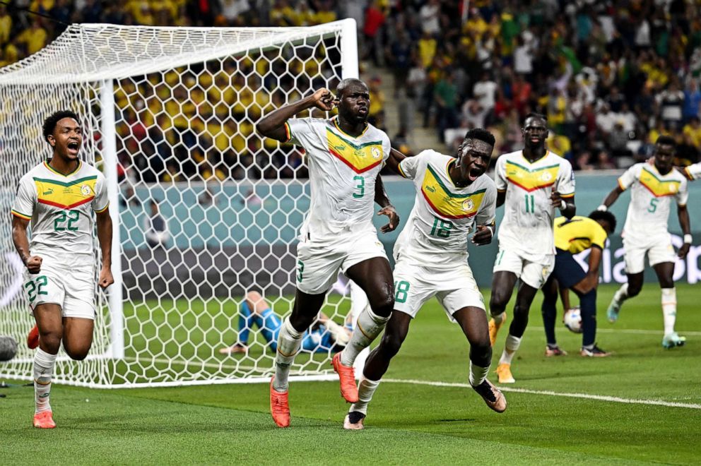PHOTO: Senegal's Kalidou Koulibaly celebrates scoring their second goal with teammates in a Group A World Cup match against Ecuador, Nov. 29, 2022.