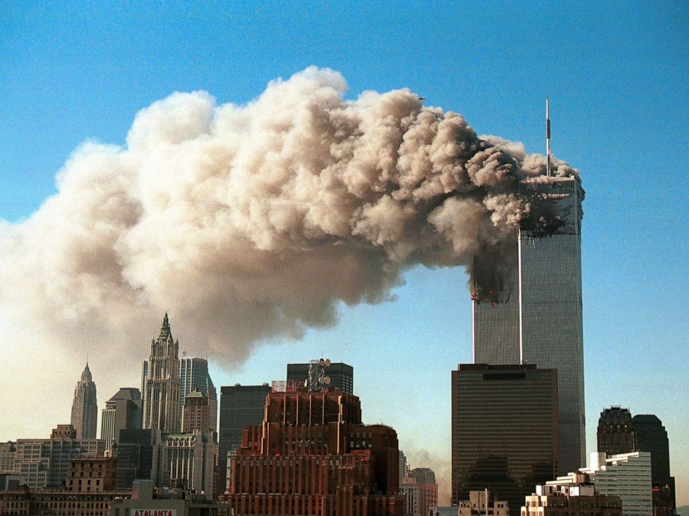 PHOTO: Smoke pours from the twin towers of the World Trade Center after they were hit by two hijacked airliners in a terrorist attack Sept. 11, 2001 in New York.