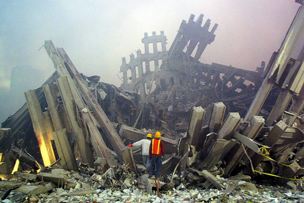 PHOTO: Rescue workers survey damage to the World Trade Center in New York, Sept. 11, 2001.