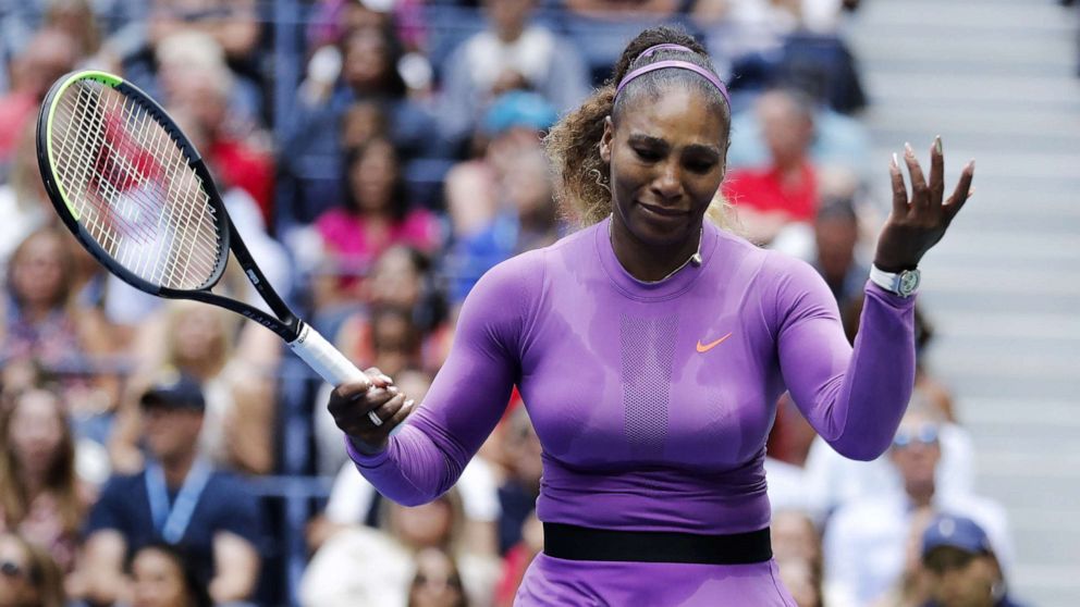 PHOTO: Serena Williams of the US reacts as she plays Bianca Andreescu of Canada during the women's final match on the thirteenth day of the US Open Tennis Championships the USTA National Tennis Center in Flushing Meadows, New York, Sept. 7, 2019.
