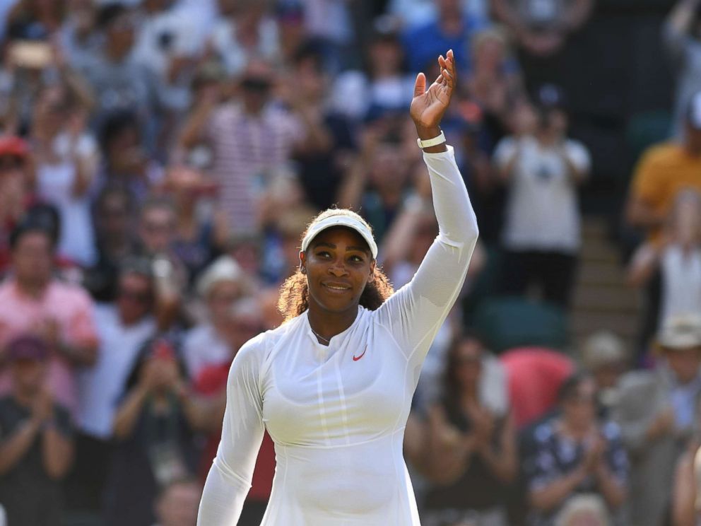 PHOTO: Serena Williams celebrates after beating Frances Kristina Mladenovic 7-5, 7-6 in their womens singles third round match on the fifth day of the 2018 Wimbledon Championships, southwest London, July 6, 2018.