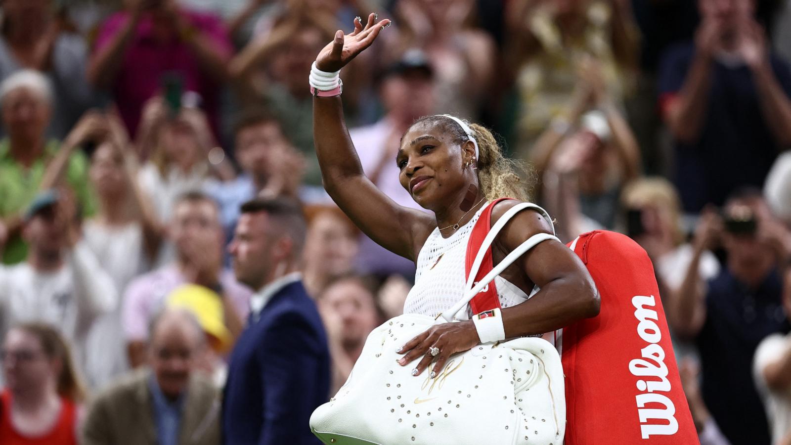 PHOTO: Serena Williams of United States acknowledges the crowd as she leaves the court following a defeat to Maya Joint of Australia at the Wimbledon Tennis Championships in London, June 30, 2026.