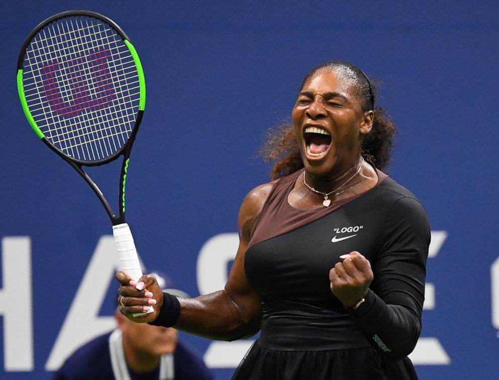   PHOTO: Serena Williams celebrates a victory against Magda Linette of Poland in a first round match on day one of the 2018 US Open Tennis Tournament in New York, August 27, 2018. 