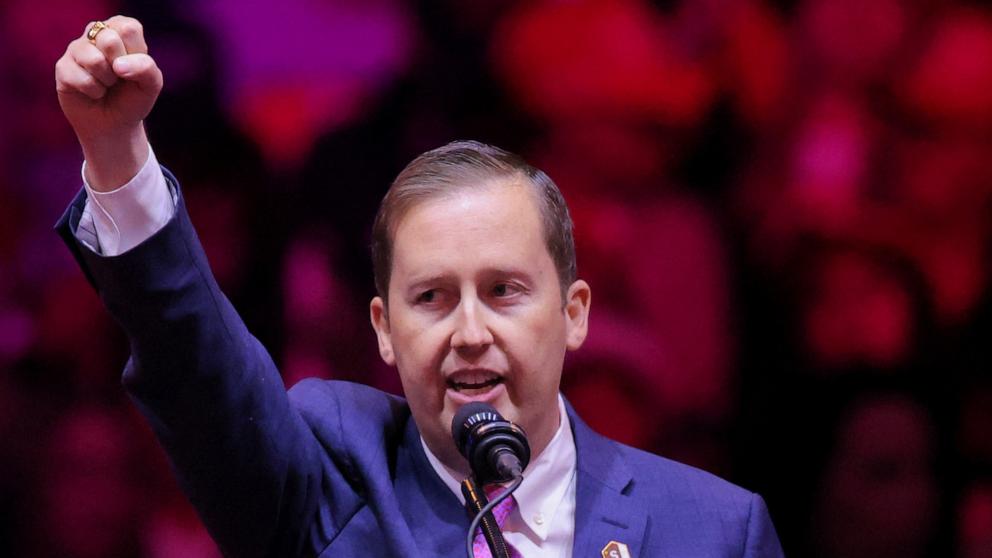 PHOTO: Sergio Gor speaks during a rally for Republican presidential nominee and former U.S. President Donald Trump at Madison Square Garden, in New York City, Oct. 27, 2024. 