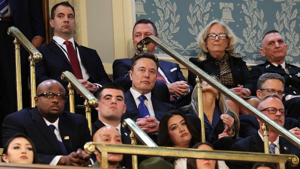 PHOTO: Elon Musk, center, listens as President Donald Trump addresses a joint session of Congress at the Capitol in Washington, Mar. 4, 2025.
