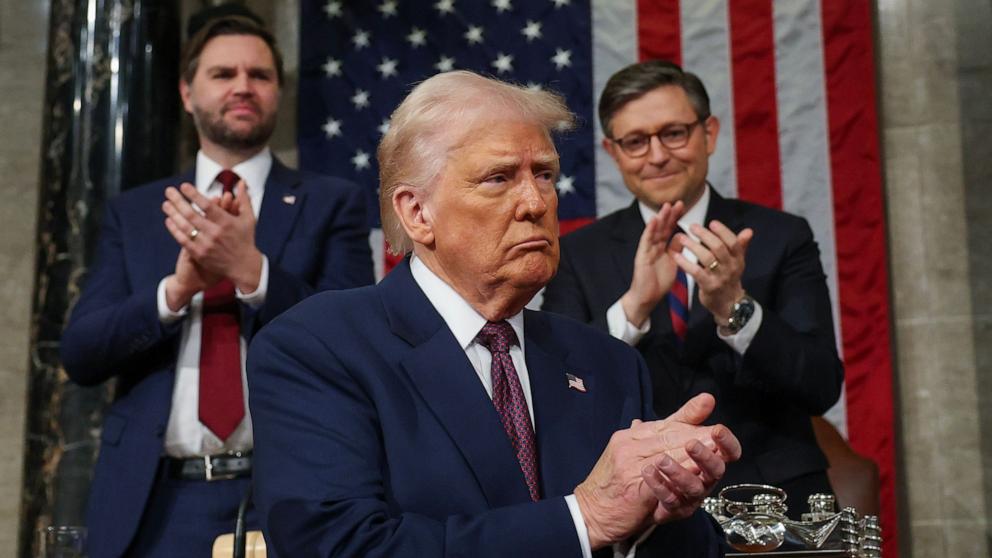 PHOTO: President Donald Trump addresses a joint session of Congress in front of Speaker of the House Mike Johnson and Vice President JD Vance at the U.S. Capitol, Mar. 4, 2025 in Washington.